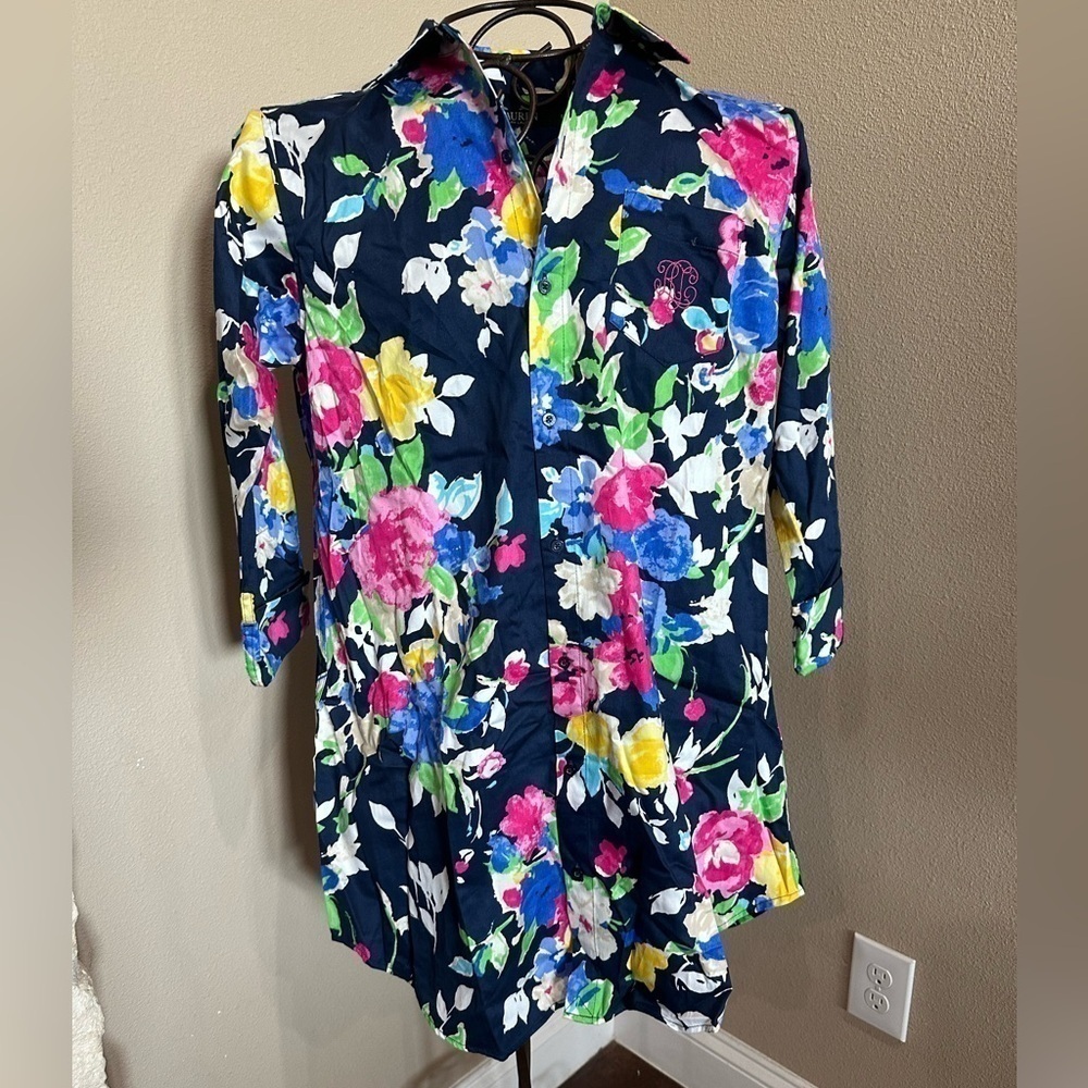 RALPH LAUREN Womens 3/4 Sleeve Shirt Navy Blue Floral Cotton with Cuff sleeves